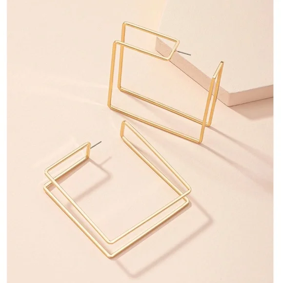Gold Tone Squared Hoop Earrings Large Square Geometric Shape Metal Iron Yellow - Picture 2 of 5